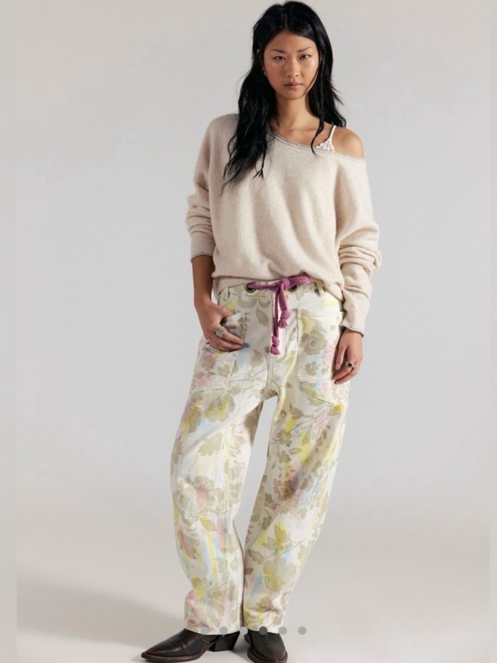 NWT We the Free Cream Combo Flocked Moxie Barrel Jeans